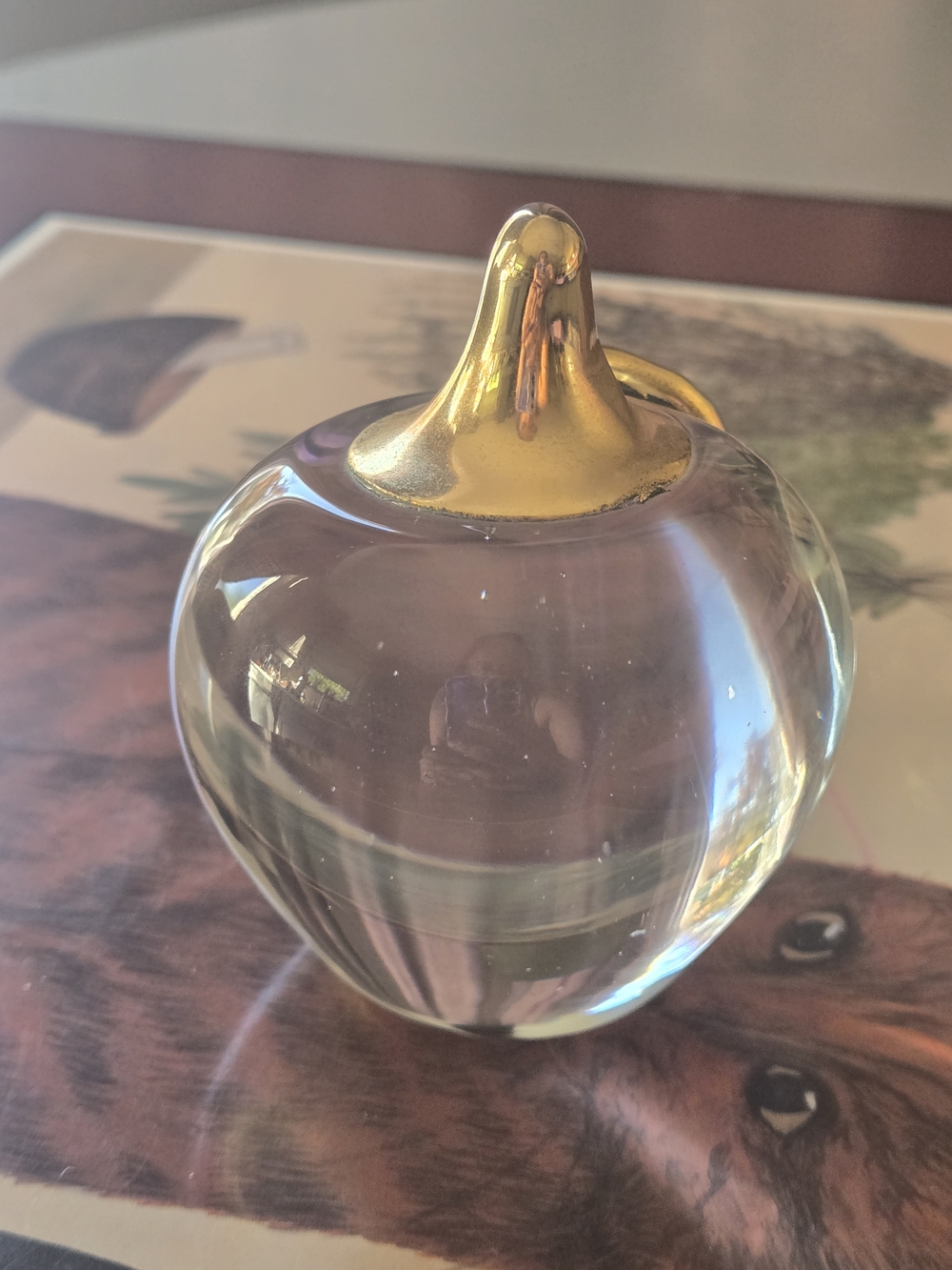 Vintage Glass Apple Paperweight with Brass Stem and Leaf - Picture 2 of 5